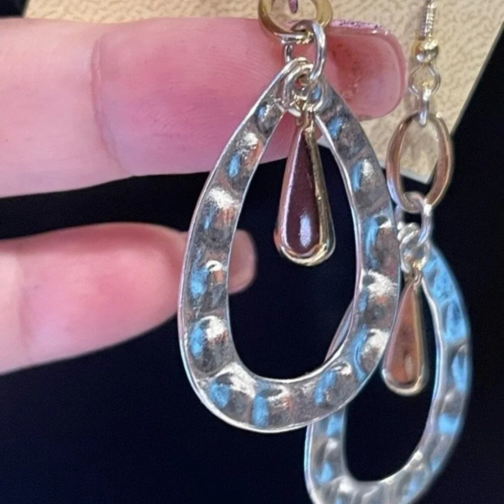 Hannah essentials 2 tone silver gold tear drop earrings 2 3/4 inch - Picture 6 of 7